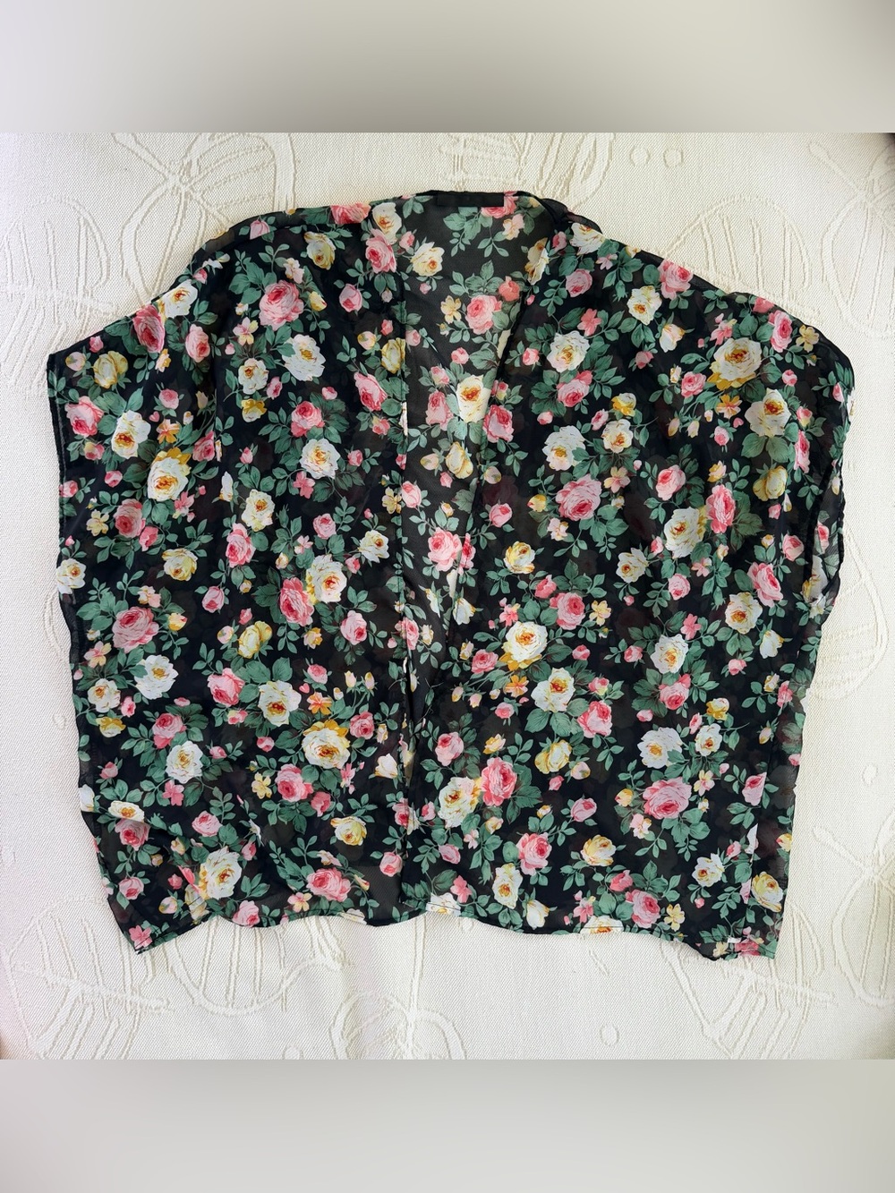 Floral Sheer Cardigan in Black with Pink & Yellow Roses